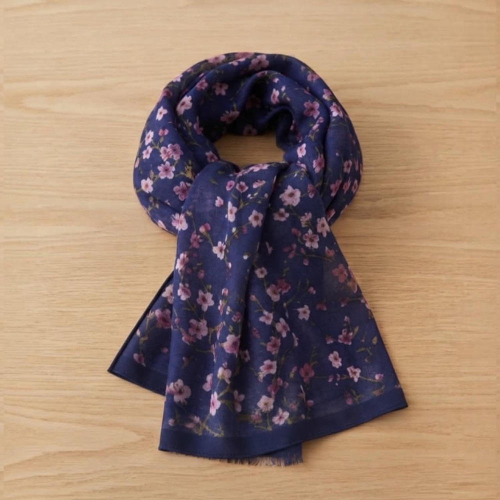 Vintage Scarf Lightweight Sheer Floral Chiffon Scarf Dark Blue Floral